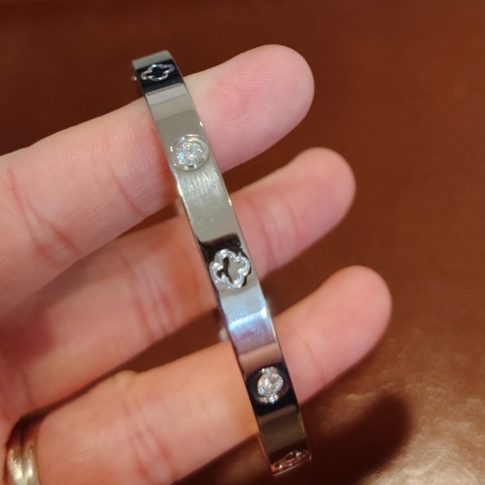 Elegant Silver Colored Bracelet with Crystal Accents Hinged Closure - Picture 3 of 7